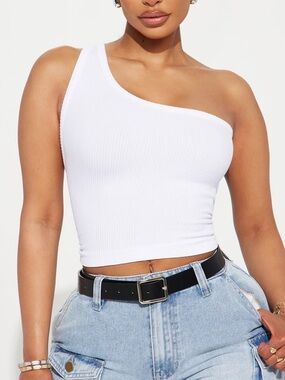 One-Shoulder Ribbed Crop Top - White M/L